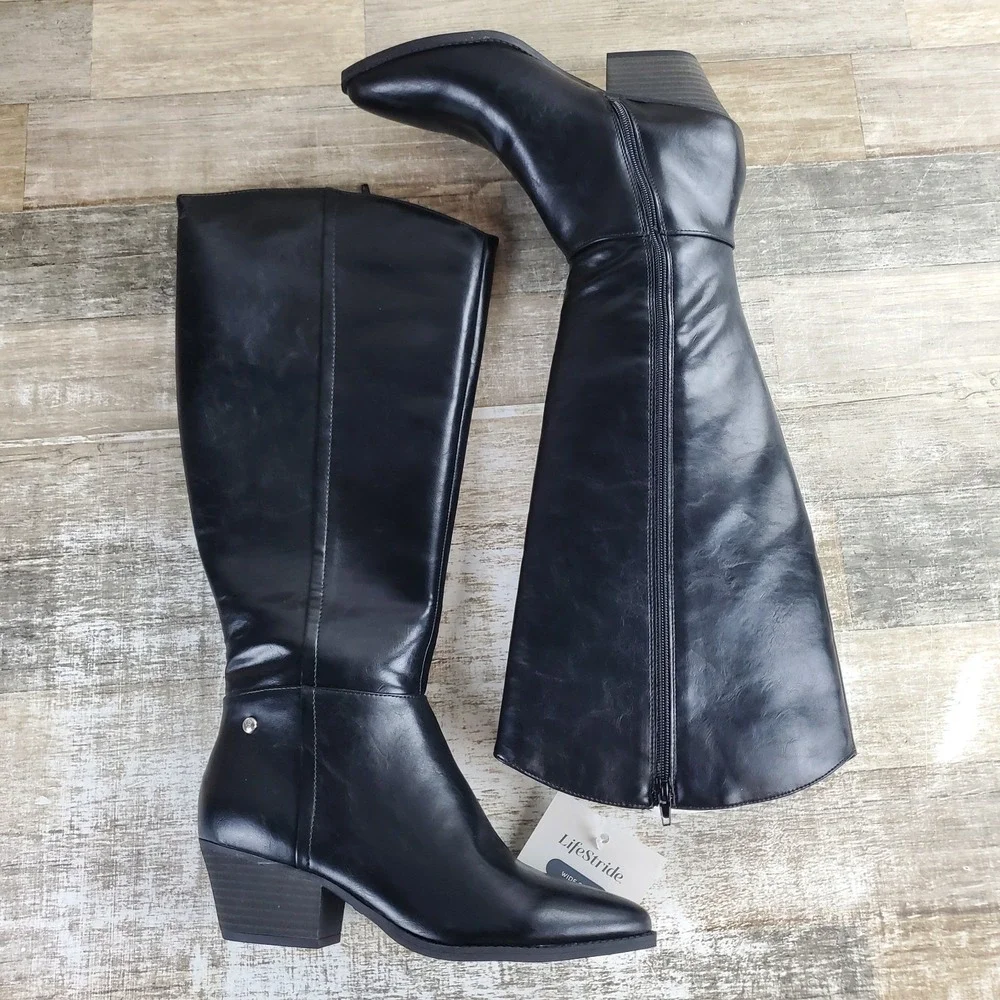 Lifestride Reese Womens Wide Calf Knee High Boots Sz 9 M Black Western‎